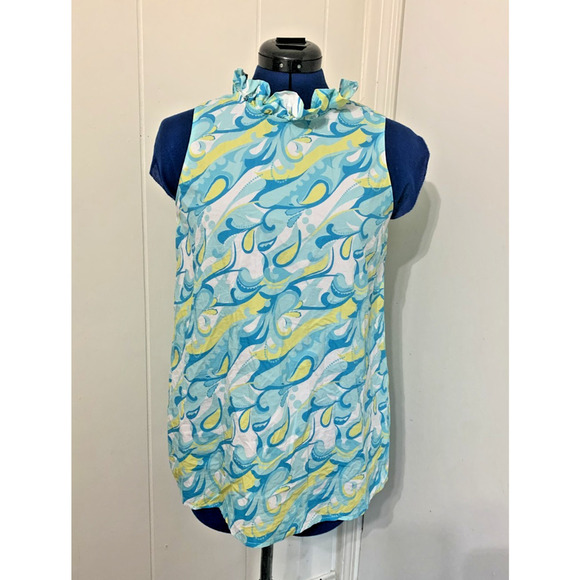 Tyler Boe Tops - tyler boe Sleeveless Blouse Medium Ruffled collar Blue Paisley Resort Beachy